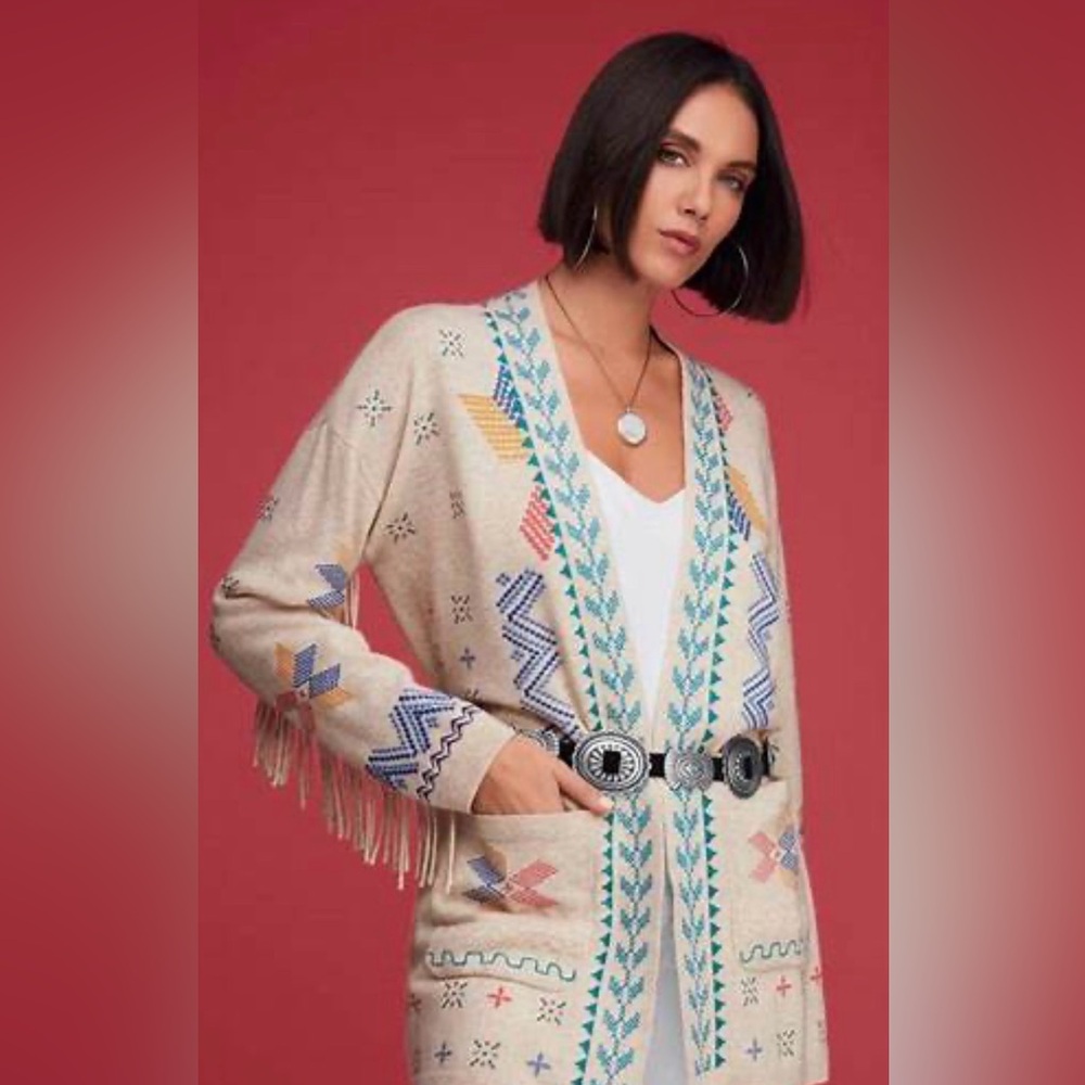 Johnny Was Katie long cardigan with fringed sleeves. NWT